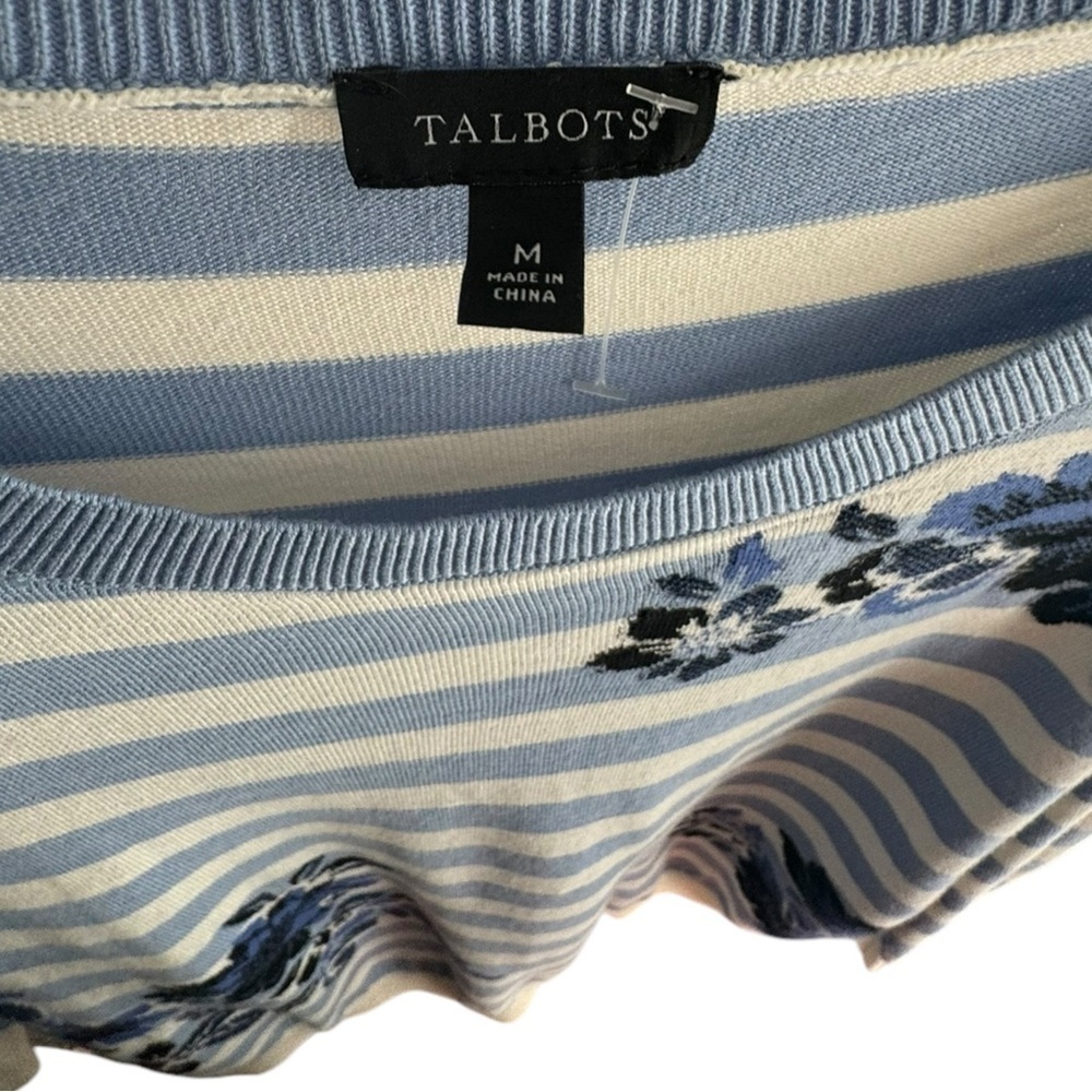 Talbots Womens Blue & White 3/4 Sleeve Striped Floral Knit Sweater M - Picture 2 of 6